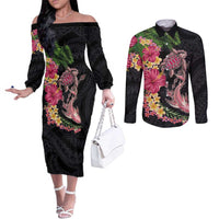 Hawaiian Tropical Plants Turtle and Shark Couples Matching Off The Shoulder Long Sleeve Dress and Long Sleeve Button Shirt Polynesian Art Tattoo