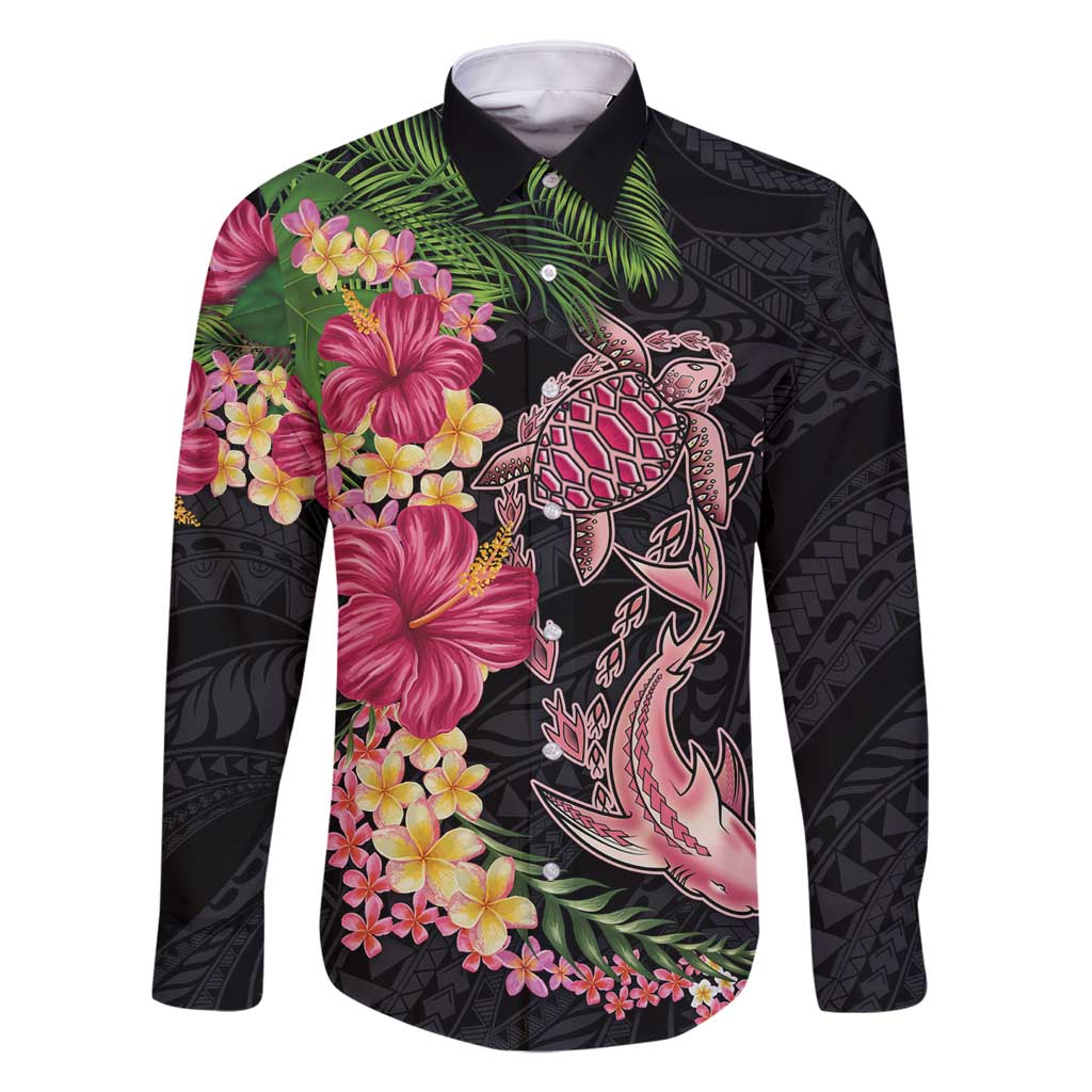 Hawaiian Tropical Plants Turtle and Shark Family Matching Long Sleeve Bodycon Dress and Hawaiian Shirt Polynesian Art Tattoo LT03 Dad's Shirt - Long Sleeve Black - Polynesian Pride