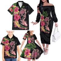 Hawaiian Tropical Plants Turtle and Shark Family Matching Off The Shoulder Long Sleeve Dress and Hawaiian Shirt Polynesian Art Tattoo