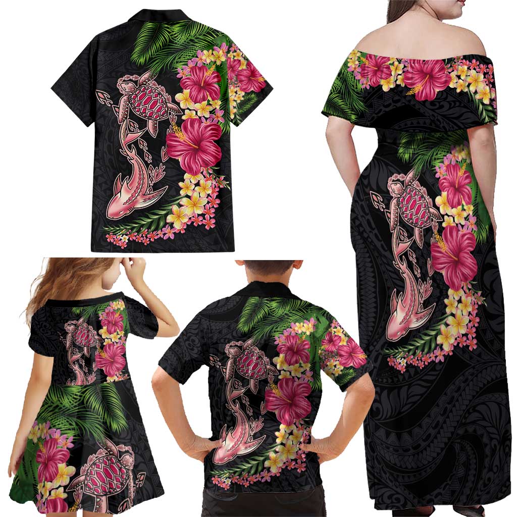 Hawaiian Tropical Plants Turtle and Shark Family Matching Off Shoulder Maxi Dress and Hawaiian Shirt Polynesian Art Tattoo