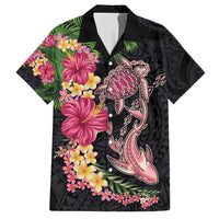 Hawaiian Tropical Plants Turtle and Shark Family Matching Off Shoulder Short Dress and Hawaiian Shirt Polynesian Art Tattoo LT03 Dad's Shirt - Short Sleeve Black - Polynesian Pride