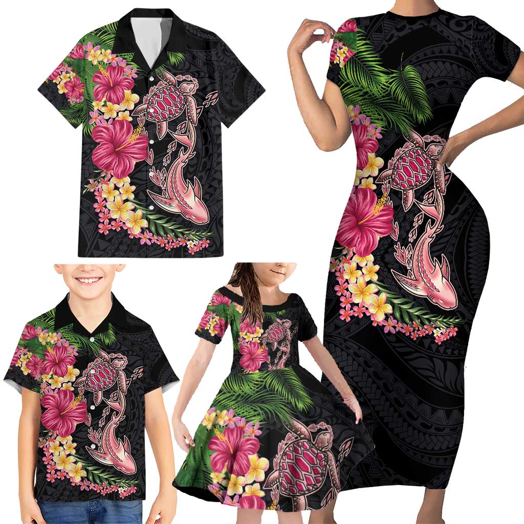 Hawaiian Tropical Plants Turtle and Shark Family Matching Short Sleeve Bodycon Dress and Hawaiian Shirt Polynesian Art Tattoo