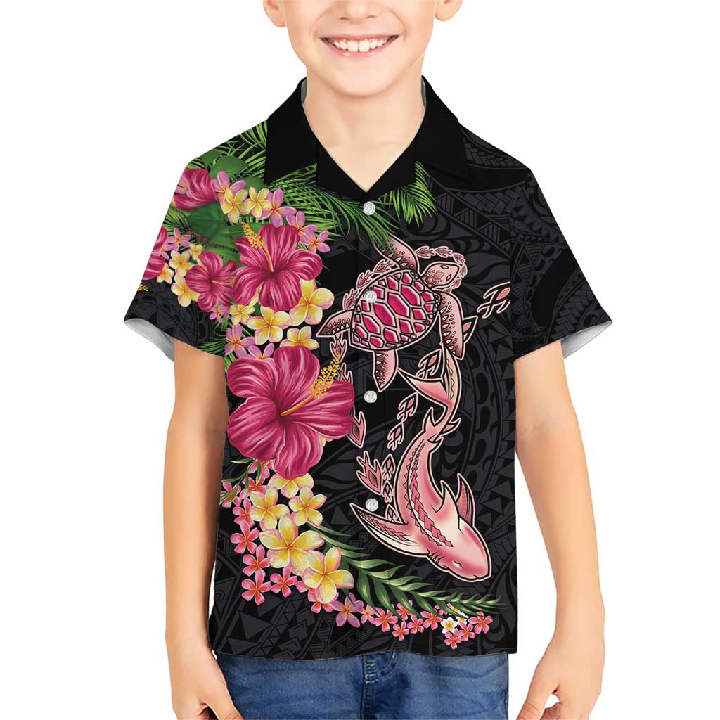 Hawaiian Tropical Plants Turtle and Shark Family Matching Short Sleeve Bodycon Dress and Hawaiian Shirt Polynesian Art Tattoo LT03 Son's Shirt Black - Polynesian Pride