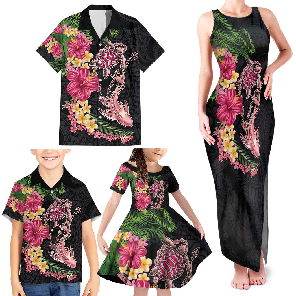 Hawaiian Tropical Plants Turtle and Shark Family Matching Tank Maxi Dress and Hawaiian Shirt Polynesian Art Tattoo