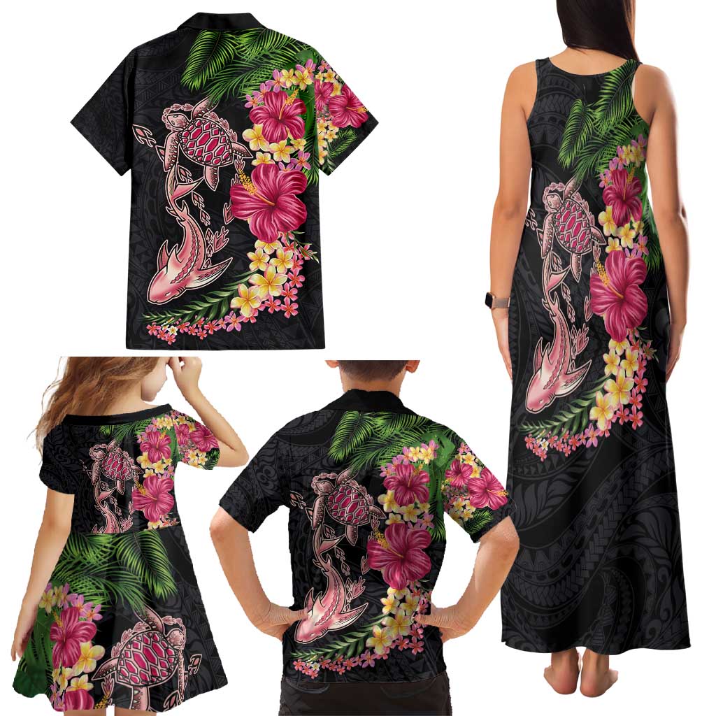 Hawaiian Tropical Plants Turtle and Shark Family Matching Tank Maxi Dress and Hawaiian Shirt Polynesian Art Tattoo