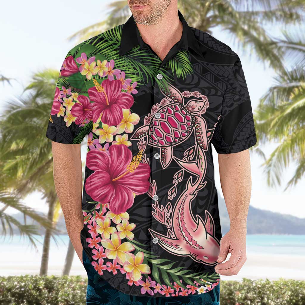 Hawaiian Tropical Plants Turtle and Shark Hawaiian Shirt Polynesian Art Tattoo