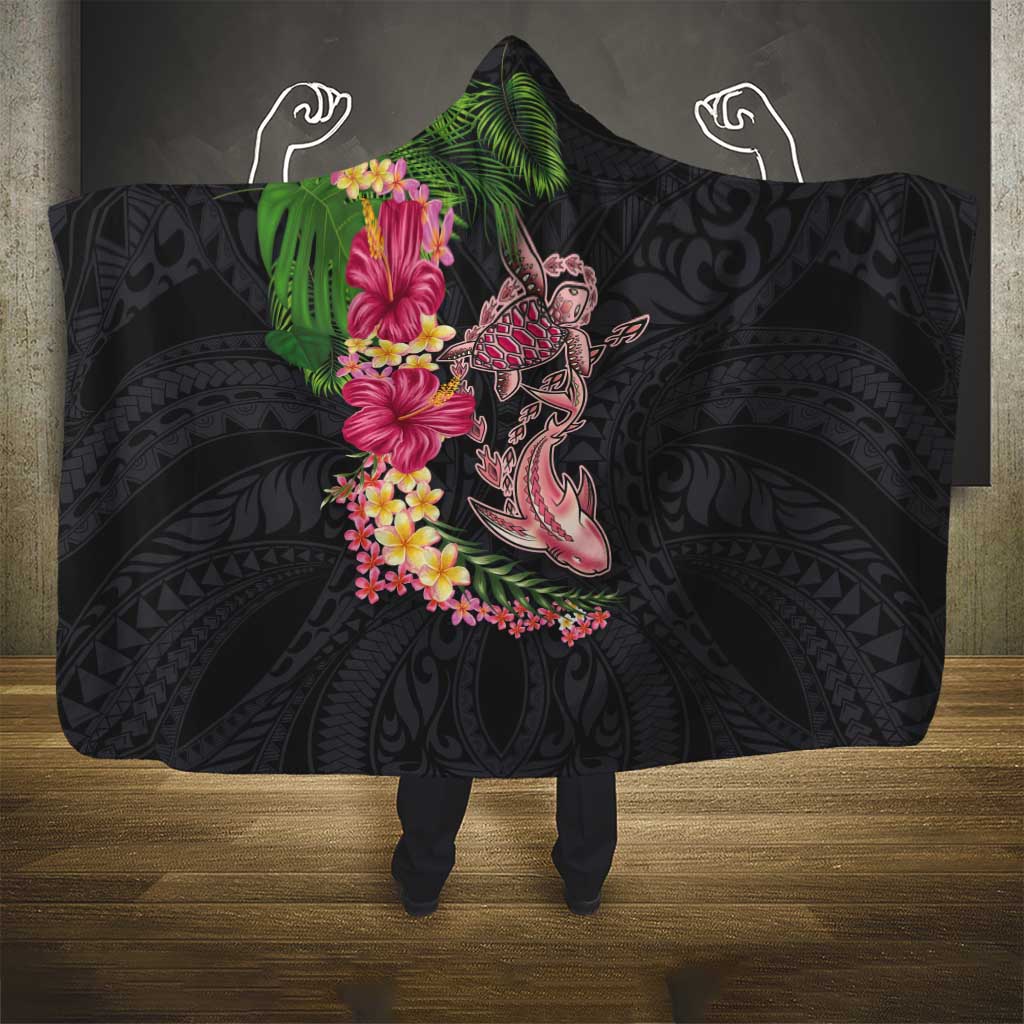 Hawaiian Tropical Plants Turtle and Shark Hooded Blanket Polynesian Art Tattoo