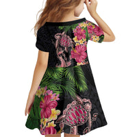 Hawaiian Tropical Plants Turtle and Shark Kid Short Sleeve Dress Polynesian Art Tattoo