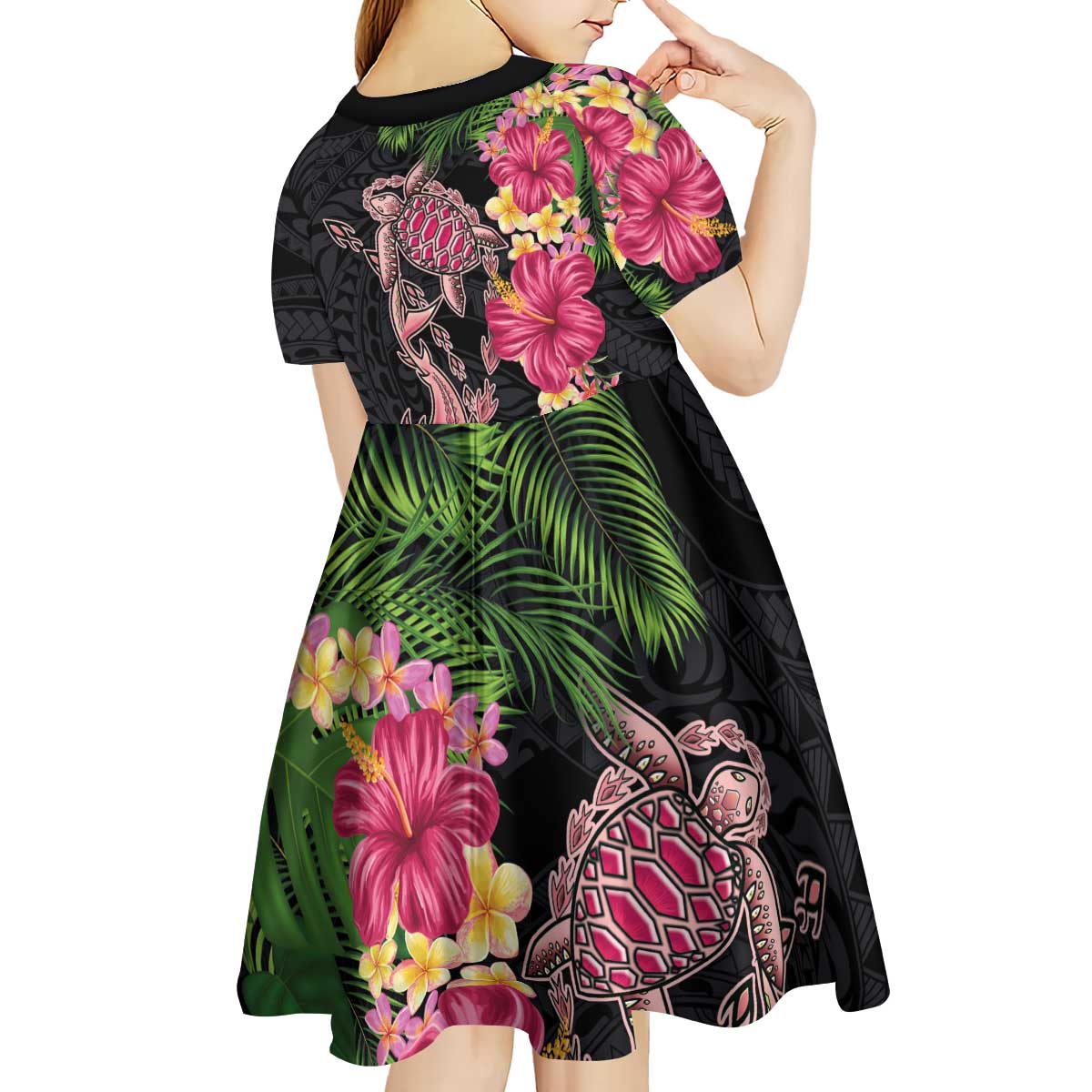 Hawaiian Tropical Plants Turtle and Shark Kid Short Sleeve Dress Polynesian Art Tattoo