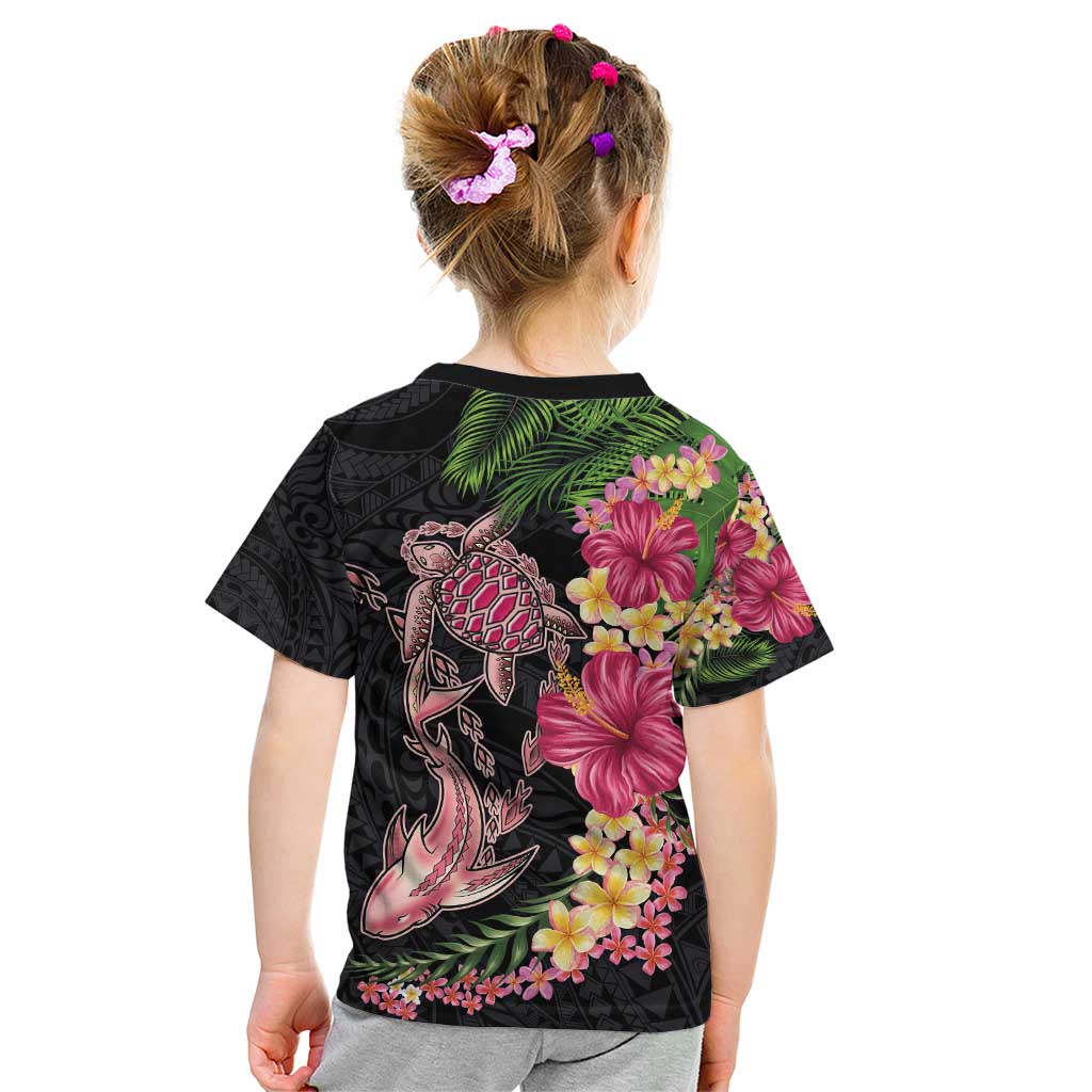Hawaiian Tropical Plants Turtle and Shark Kid T Shirt Polynesian Art Tattoo