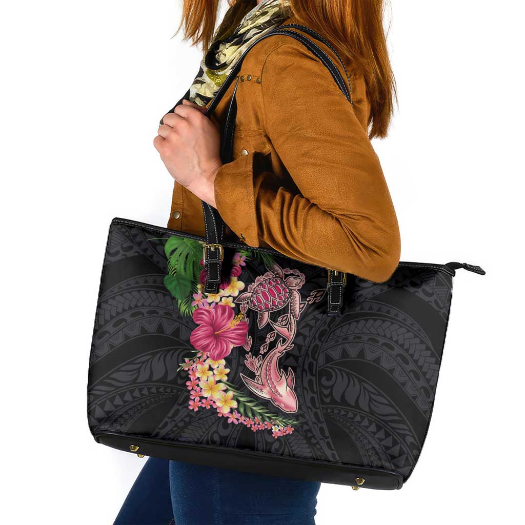 Hawaiian Tropical Plants Turtle and Shark Leather Tote Bag Polynesian Art Tattoo