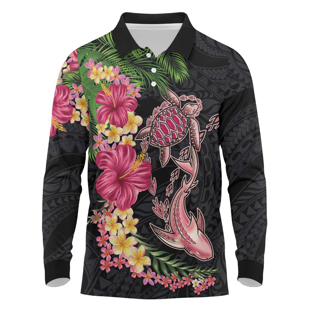 Hawaiian Tropical Plants Turtle and Shark Long Sleeve Polo Shirt Polynesian Art Tattoo LT03 Black - Polynesian Pride