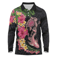Hawaiian Tropical Plants Turtle and Shark Long Sleeve Polo Shirt Polynesian Art Tattoo LT03 Black - Polynesian Pride