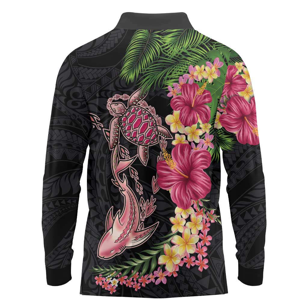 Hawaiian Tropical Plants Turtle and Shark Long Sleeve Polo Shirt Polynesian Art Tattoo LT03 - Polynesian Pride