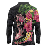 Hawaiian Tropical Plants Turtle and Shark Long Sleeve Polo Shirt Polynesian Art Tattoo LT03 - Polynesian Pride