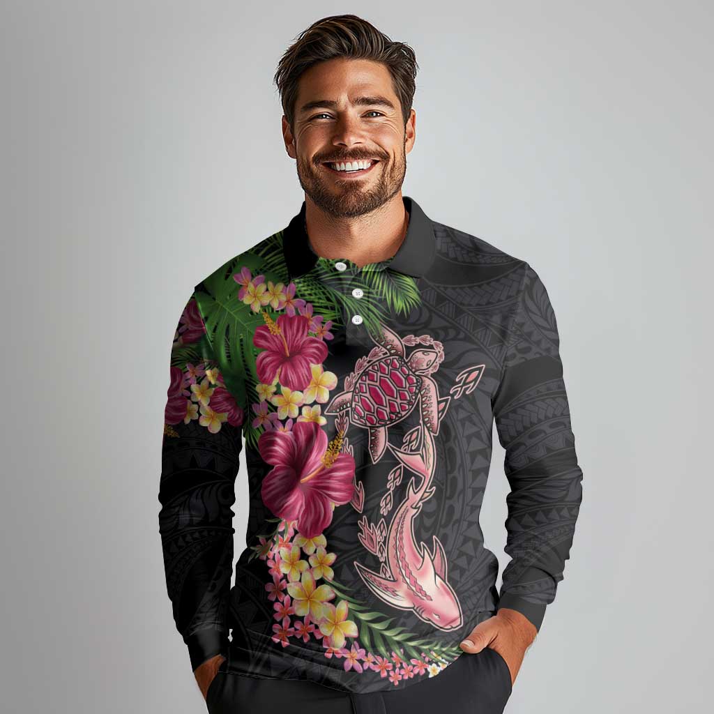 Hawaiian Tropical Plants Turtle and Shark Long Sleeve Polo Shirt Polynesian Art Tattoo LT03 - Polynesian Pride