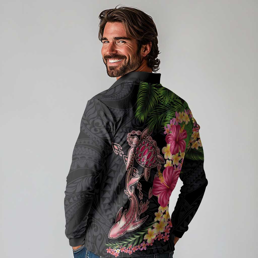 Hawaiian Tropical Plants Turtle and Shark Long Sleeve Polo Shirt Polynesian Art Tattoo LT03 - Polynesian Pride