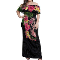 Hawaiian Tropical Plants Turtle and Shark Off Shoulder Maxi Dress Polynesian Art Tattoo