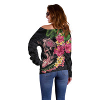 Hawaiian Tropical Plants Turtle and Shark Off Shoulder Sweater Polynesian Art Tattoo
