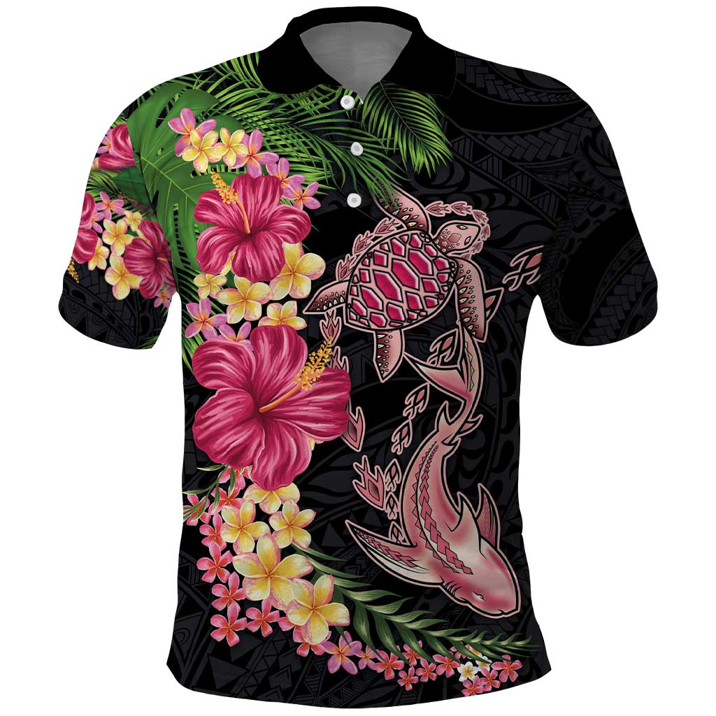 Hawaiian Tropical Plants Turtle and Shark Polo Shirt Polynesian Art Tattoo