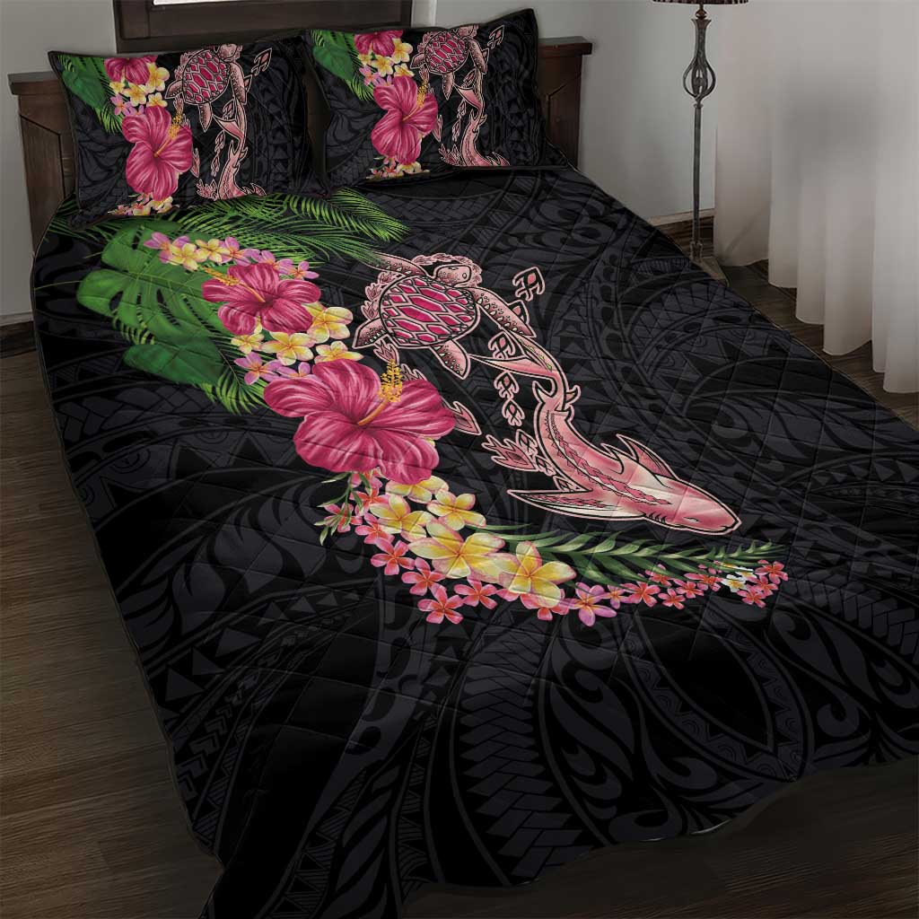 Hawaiian Tropical Plants Turtle and Shark Quilt Bed Set Polynesian Art Tattoo