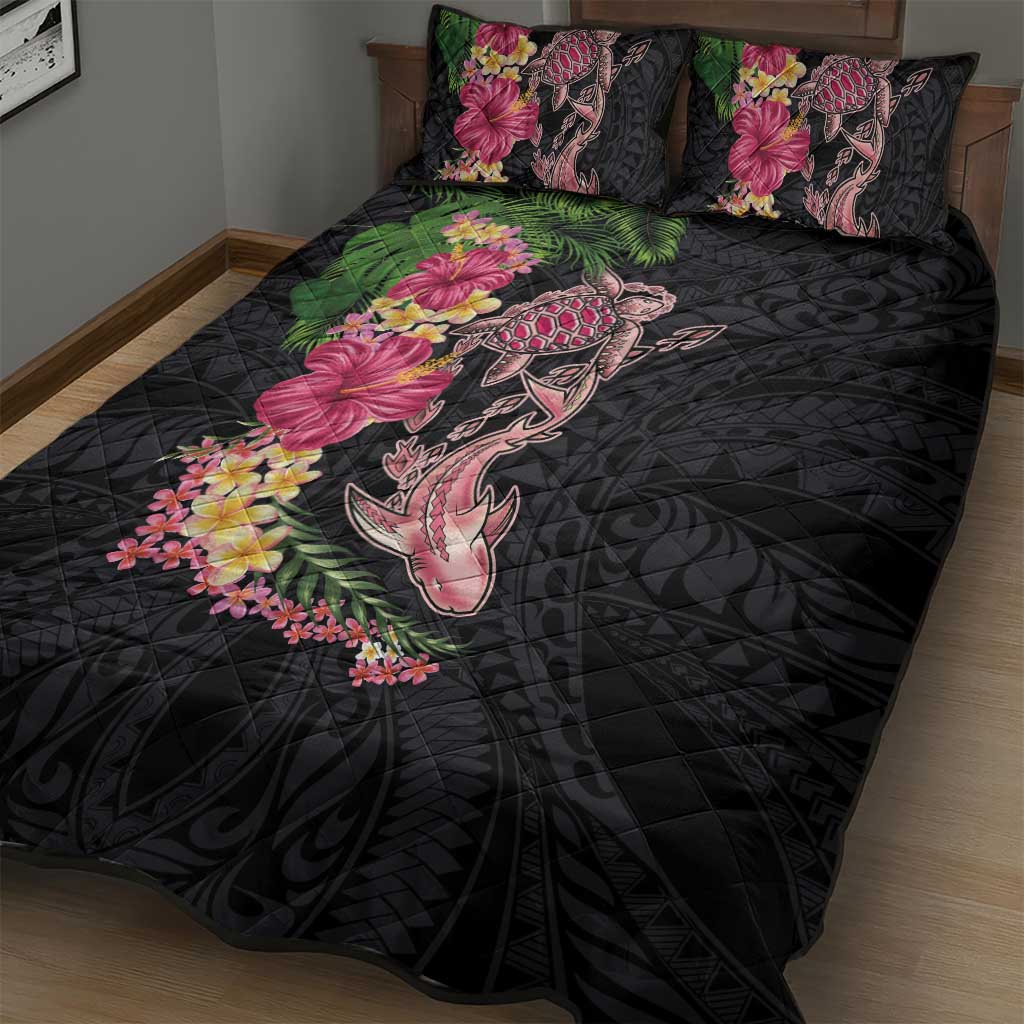 Hawaiian Tropical Plants Turtle and Shark Quilt Bed Set Polynesian Art Tattoo