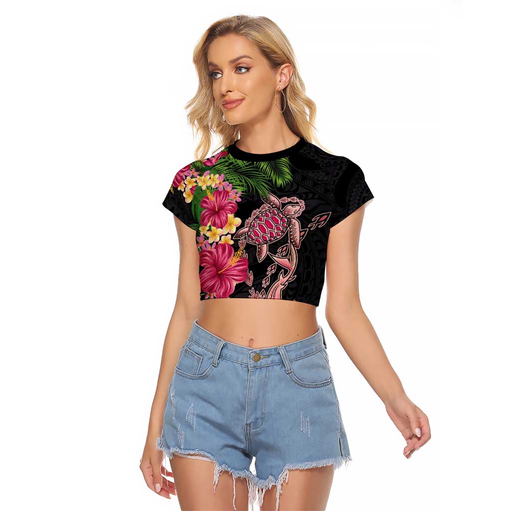 Hawaiian Tropical Plants Turtle and Shark Raglan Cropped T Shirt Polynesian Art Tattoo