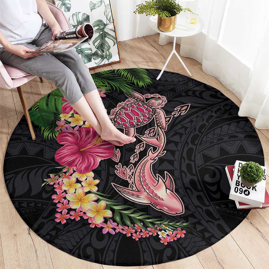 Hawaiian Tropical Plants Turtle and Shark Round Carpet Polynesian Art Tattoo