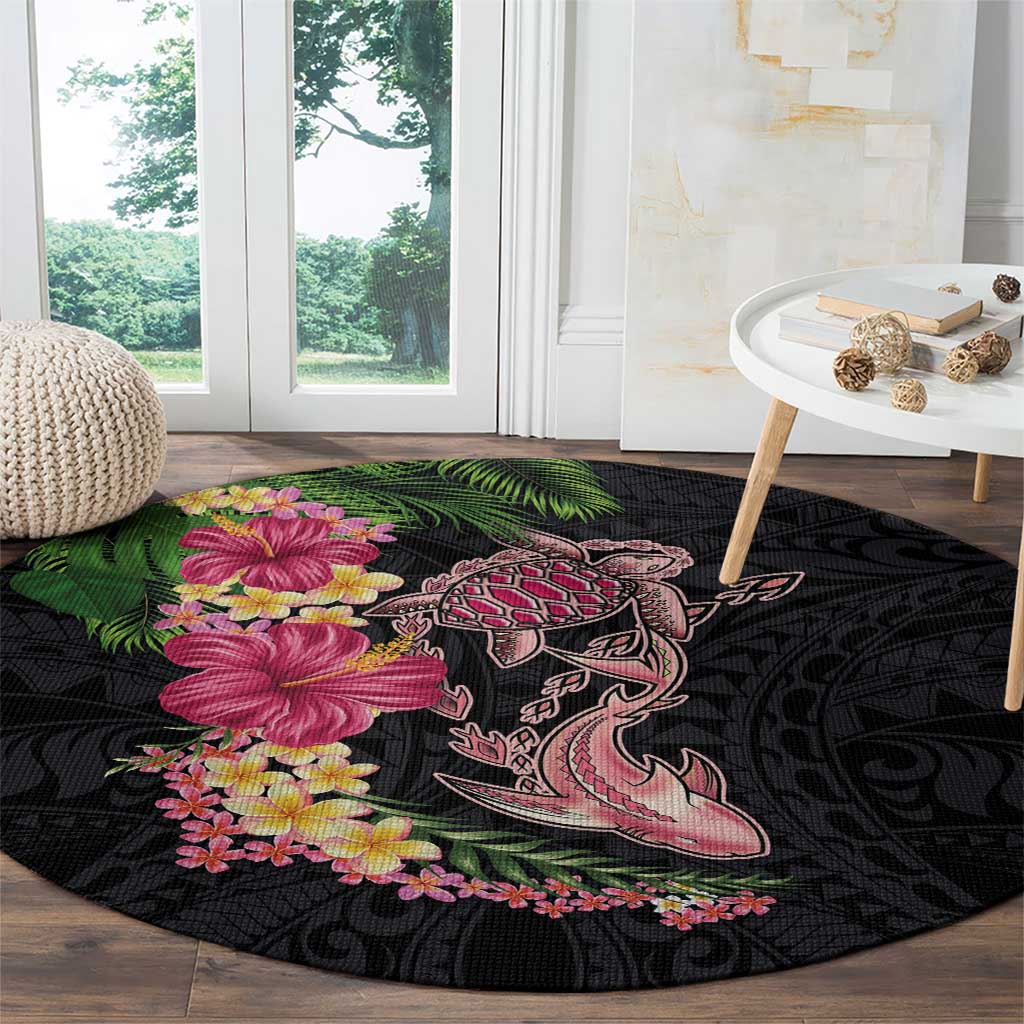 Hawaiian Tropical Plants Turtle and Shark Round Carpet Polynesian Art Tattoo