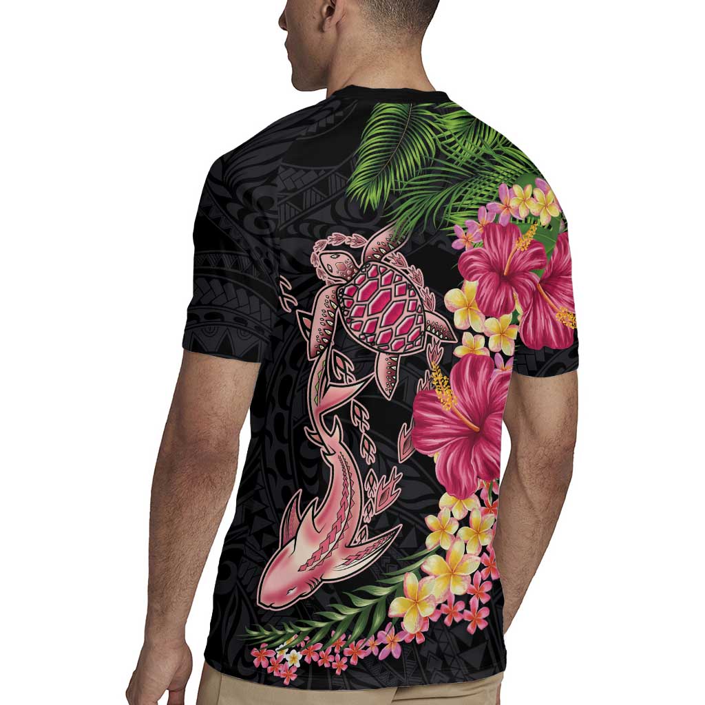 Hawaiian Tropical Plants Turtle and Shark Rugby Jersey Polynesian Art Tattoo