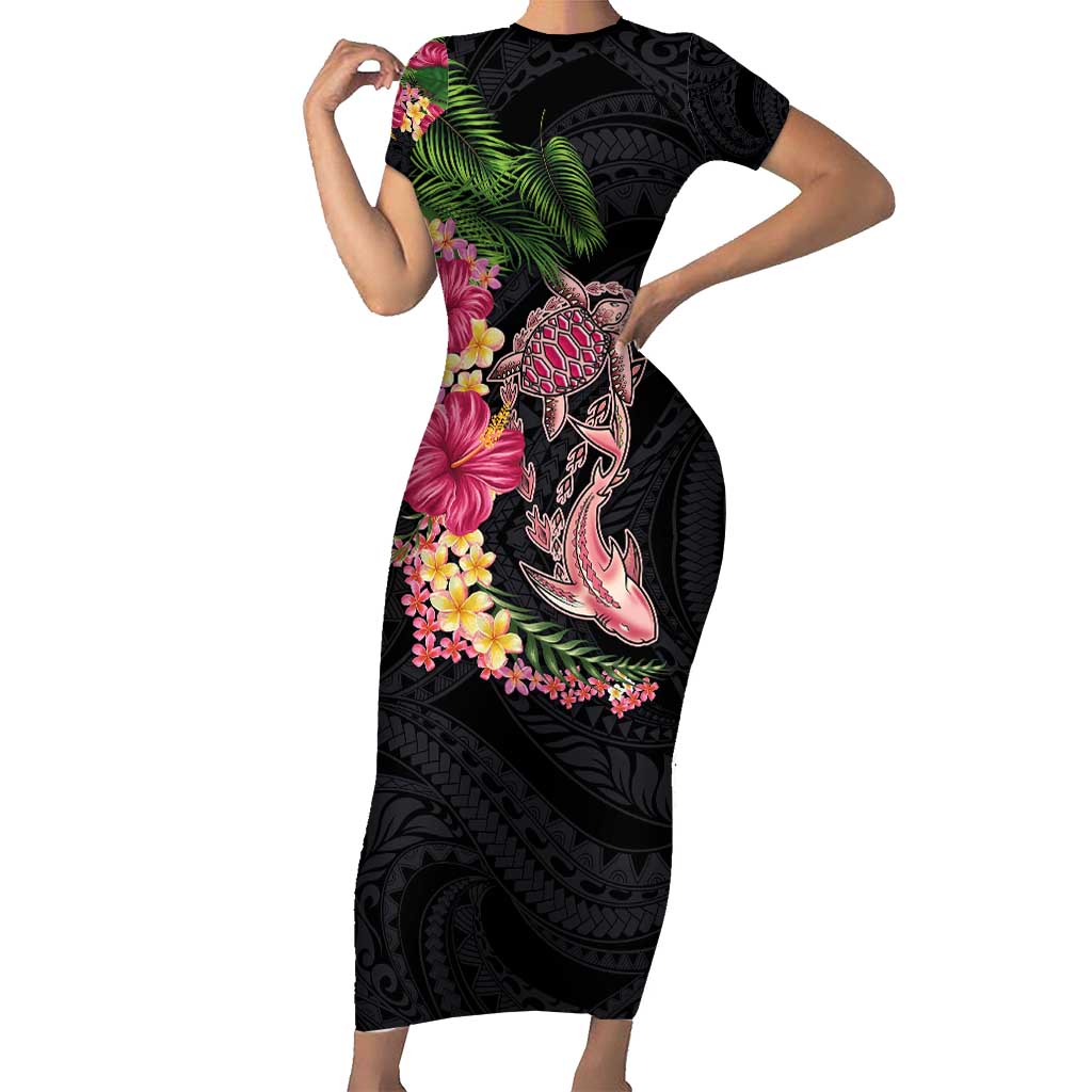 Hawaiian Tropical Plants Turtle and Shark Short Sleeve Bodycon Dress Polynesian Art Tattoo