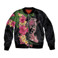Hawaiian Tropical Plants Turtle and Shark Sleeve Zip Bomber Jacket Polynesian Art Tattoo LT03 Unisex Black - Polynesian Pride