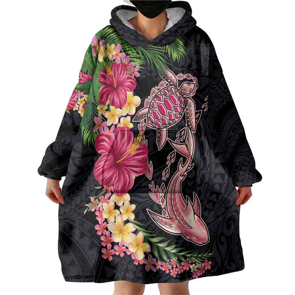 Hawaiian Tropical Plants Turtle and Shark Wearable Blanket Hoodie Polynesian Art Tattoo
