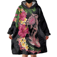 Hawaiian Tropical Plants Turtle and Shark Wearable Blanket Hoodie Polynesian Art Tattoo