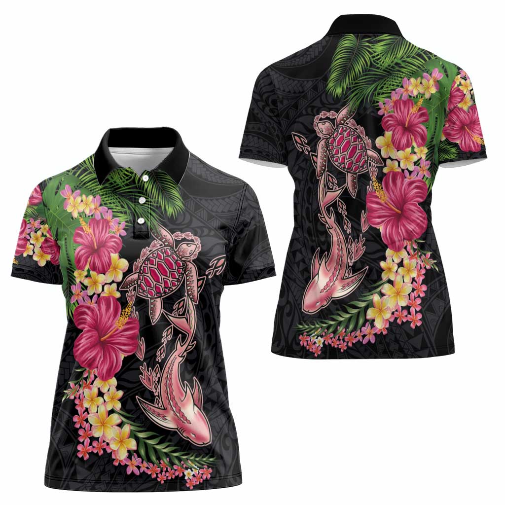 Hawaiian Tropical Plants Turtle and Shark Women Polo Shirt Polynesian Art Tattoo