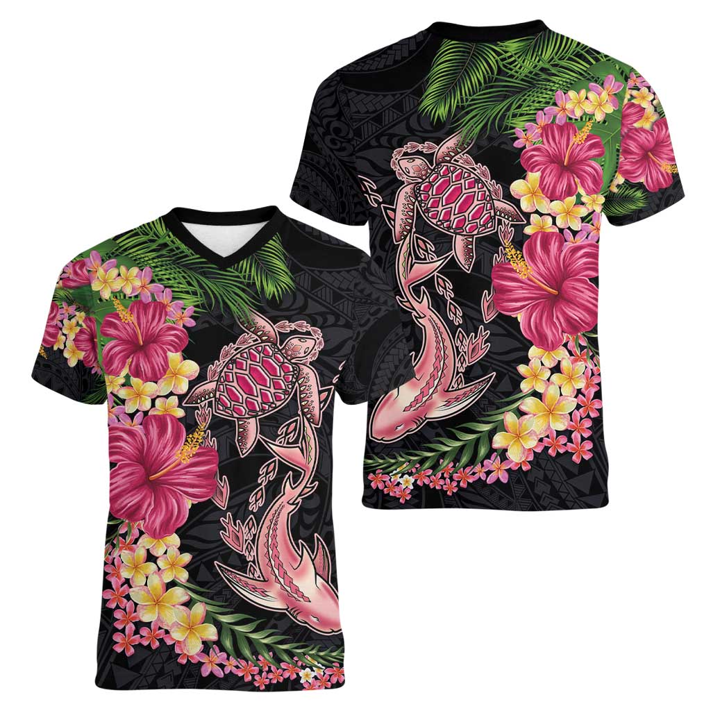 Hawaiian Tropical Plants Turtle and Shark Women V-Neck T-Shirt Polynesian Art Tattoo