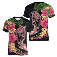 Hawaiian Tropical Plants Turtle and Shark Women V-Neck T-Shirt Polynesian Art Tattoo