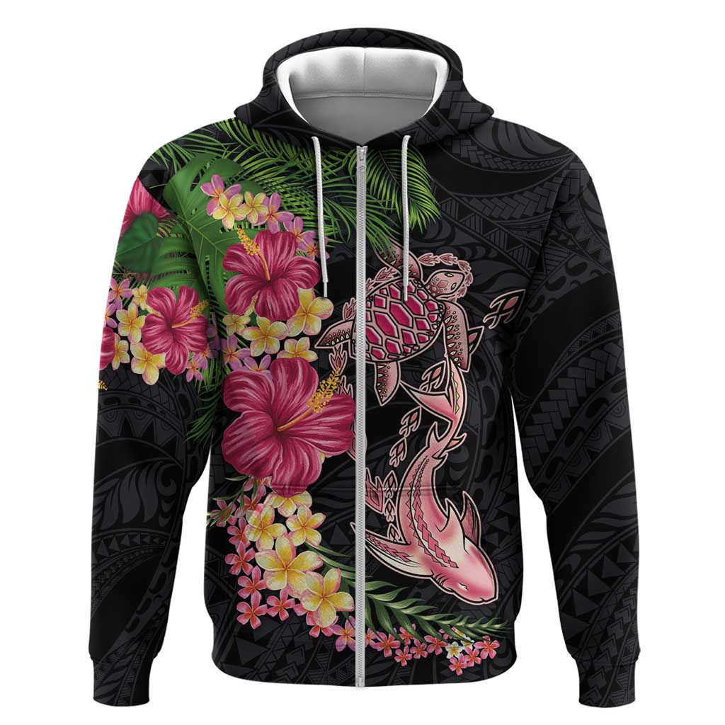 Hawaiian Tropical Plants Turtle and Shark Zip Hoodie Polynesian Art Tattoo
