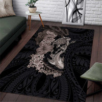 Hawaiian Tropical Plants Turtle and Shark Area Rug Polynesian Art Tattoo Grayscale Color
