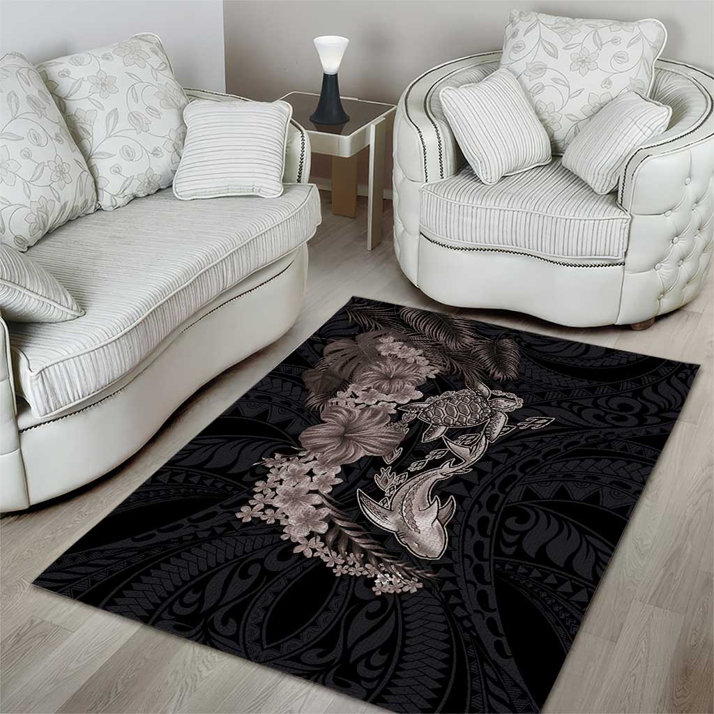 Hawaiian Tropical Plants Turtle and Shark Area Rug Polynesian Art Tattoo Grayscale Color