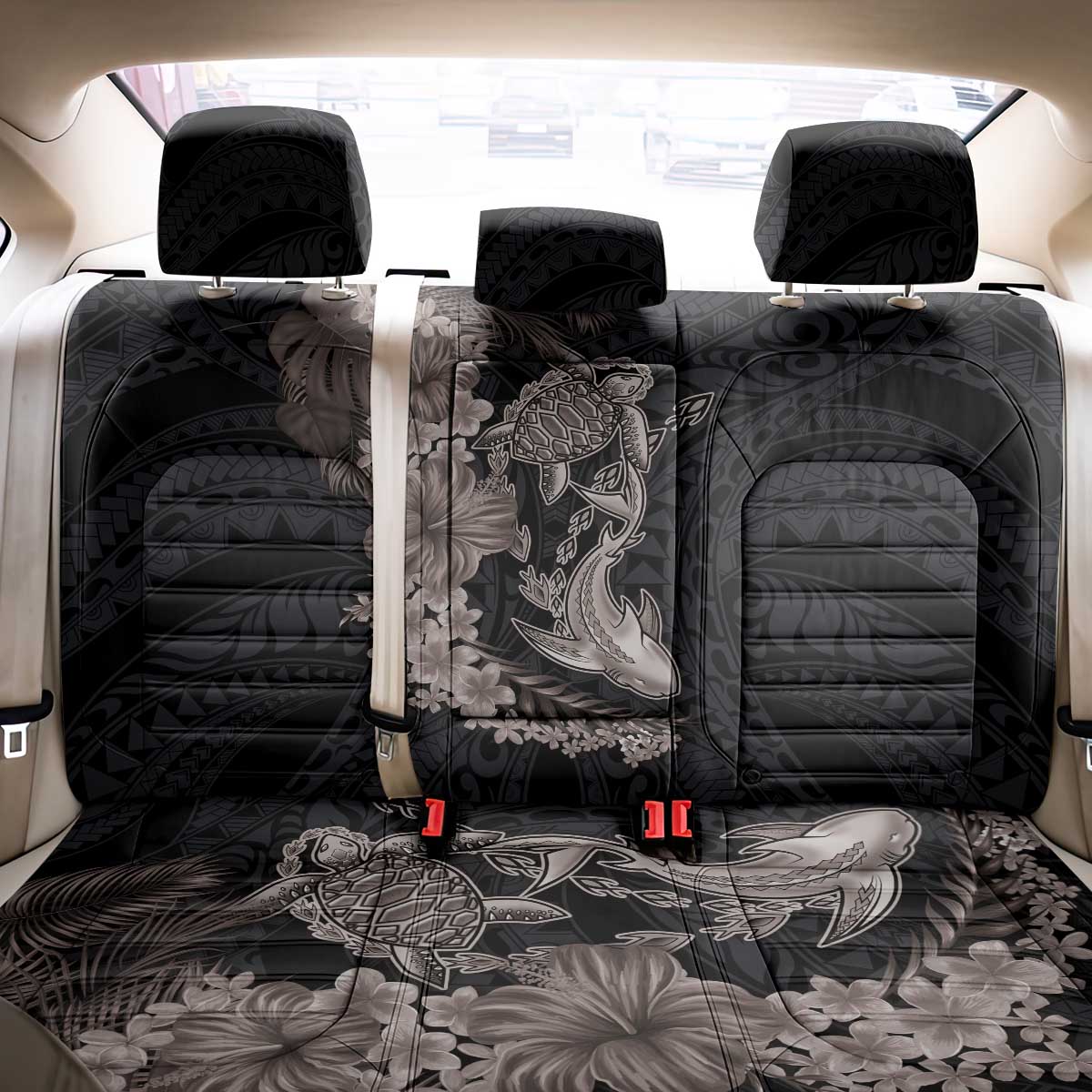 Hawaiian Tropical Plants Turtle and Shark Back Car Seat Cover Polynesian Art Tattoo Grayscale Color
