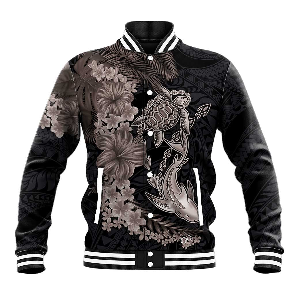 Hawaiian Tropical Plants Turtle and Shark Baseball Jacket Polynesian Art Tattoo Grayscale Color