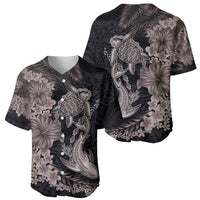 Hawaiian Tropical Plants Turtle and Shark Baseball Jersey Polynesian Art Tattoo Grayscale Color