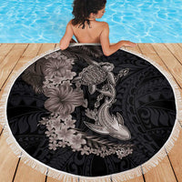 Hawaiian Tropical Plants Turtle and Shark Beach Blanket Polynesian Art Tattoo Grayscale Color