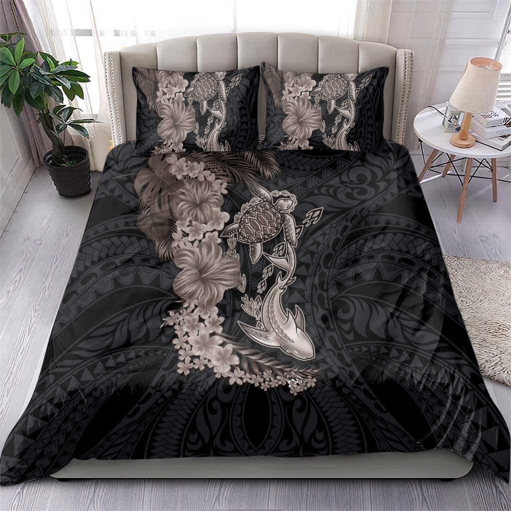 Hawaiian Tropical Plants Turtle and Shark Bedding Set Polynesian Art Tattoo Grayscale Color