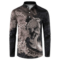 Hawaiian Tropical Plants Turtle and Shark Button Sweatshirt Polynesian Art Tattoo Grayscale Color