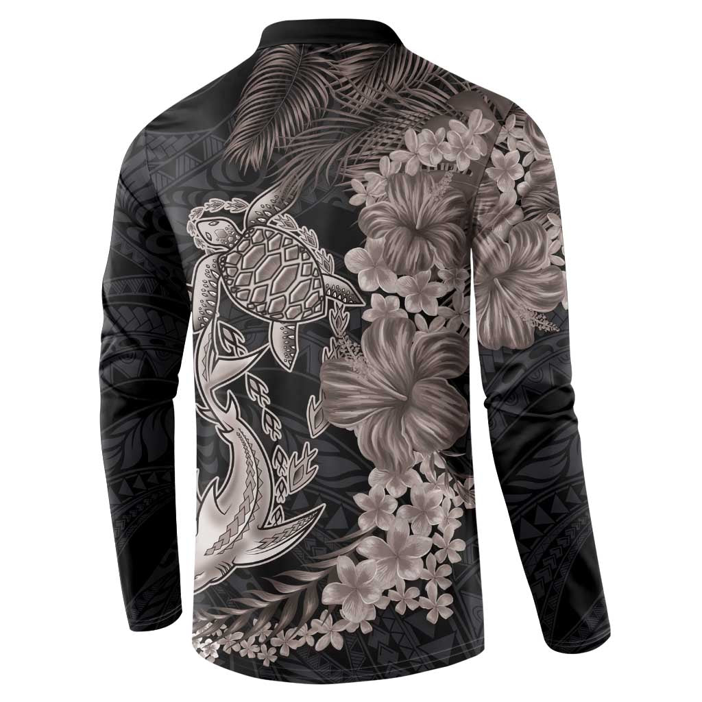 Hawaiian Tropical Plants Turtle and Shark Button Sweatshirt Polynesian Art Tattoo Grayscale Color