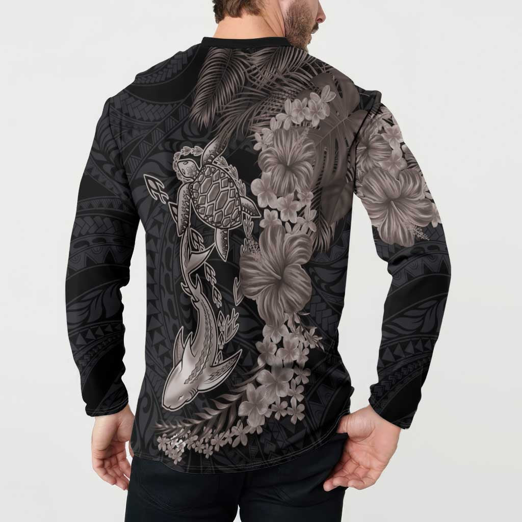 Hawaiian Tropical Plants Turtle and Shark Button Sweatshirt Polynesian Art Tattoo Grayscale Color