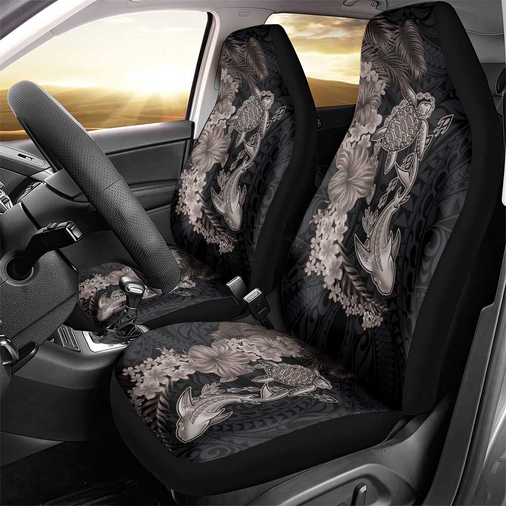 Hawaiian Tropical Plants Turtle and Shark Car Seat Cover Polynesian Art Tattoo Grayscale Color