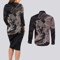 Hawaiian Tropical Plants Turtle and Shark Couples Matching Long Sleeve Bodycon Dress and Long Sleeve Button Shirt Polynesian Art Tattoo Grayscale Color
